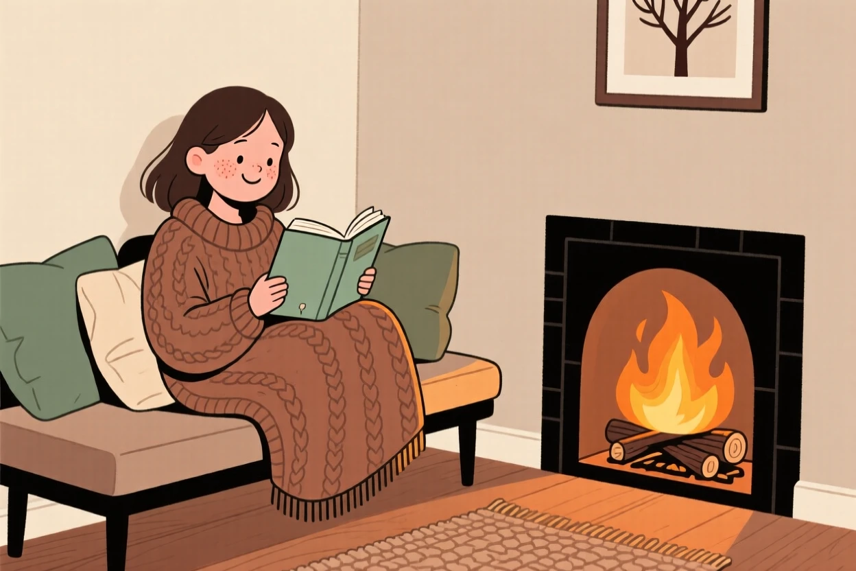 A young woman curls up in a reading nook beside a crackling fireplace, wrapped in a woolen throw while reading a worn paperback.