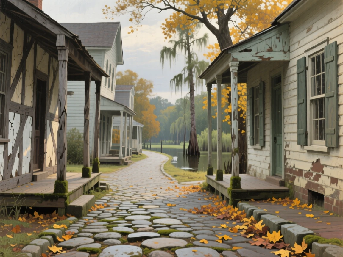 A centered composition of a narrow cobblestone street lined with leaning half-timbered houses, in the Louisiana bayou, as autumn leaves turn gold.