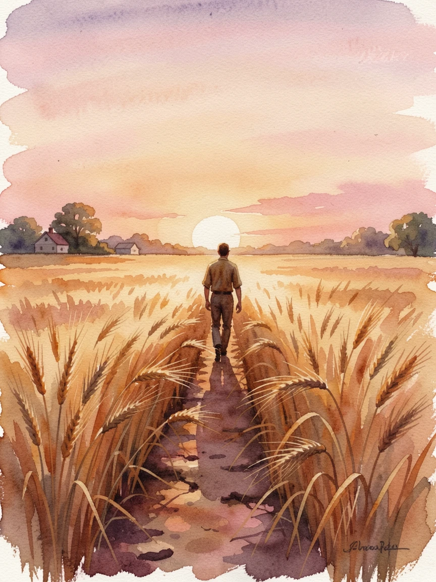 A farmer walking through a golden wheat field at sunset surrounded by a warm and inviting setting.