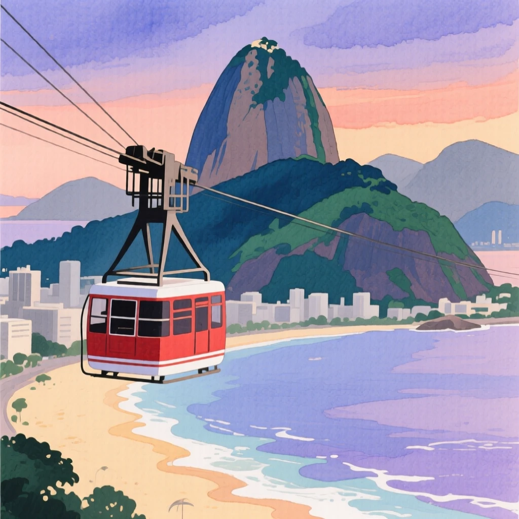 A cable car climbs toward Sugarloaf Mountain overlooking the beaches and skyline of Rio de Janeiro at dusk