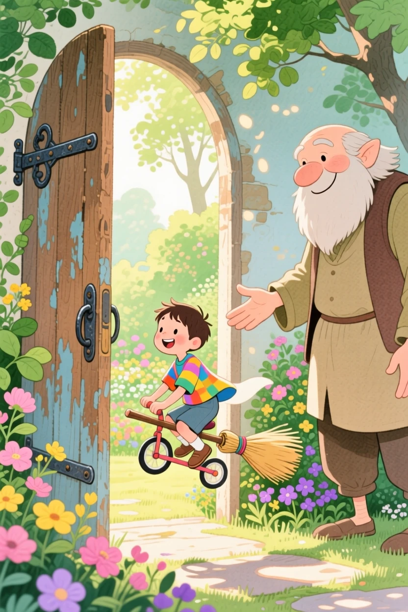 A boy riding a toy broomstick discovering a secret garden behind an old door for the first time, greeted by a kind-hearted giant.