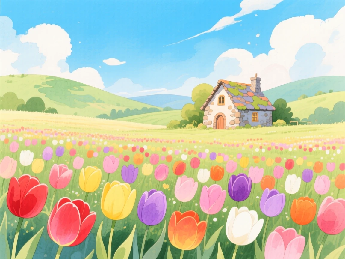 A field of tulips in every color under a bright blue sky, with a small stone cottage nestled in the distance, inspiring a sense of calm and wonder.