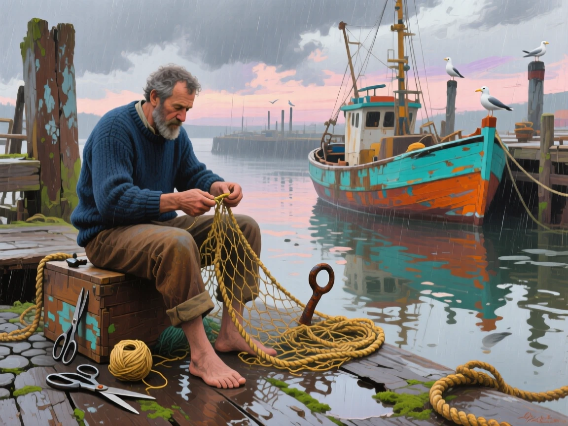 a fisherman mending nets beside a weathered harbor, after a passing rain shower, from an inviting eye-level viewpoint.