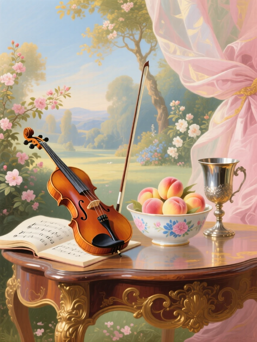 A violin and sheet music beside a bowl of peaches and a silver goblet  