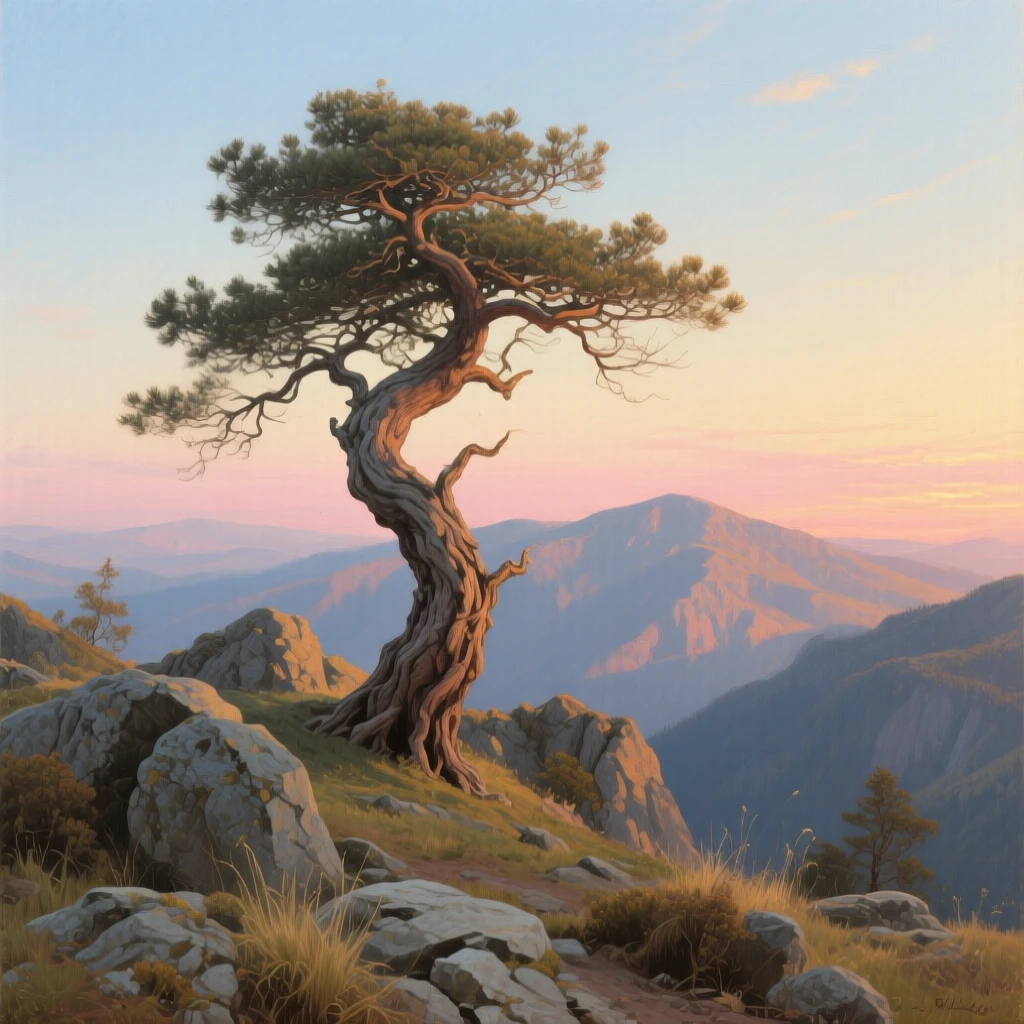 An ancient wind-bent pine standing alone on a mountain ridge, with the first light of dawn breaking over distant ridgelines, showing nature at its most breathtaking and unspoiled