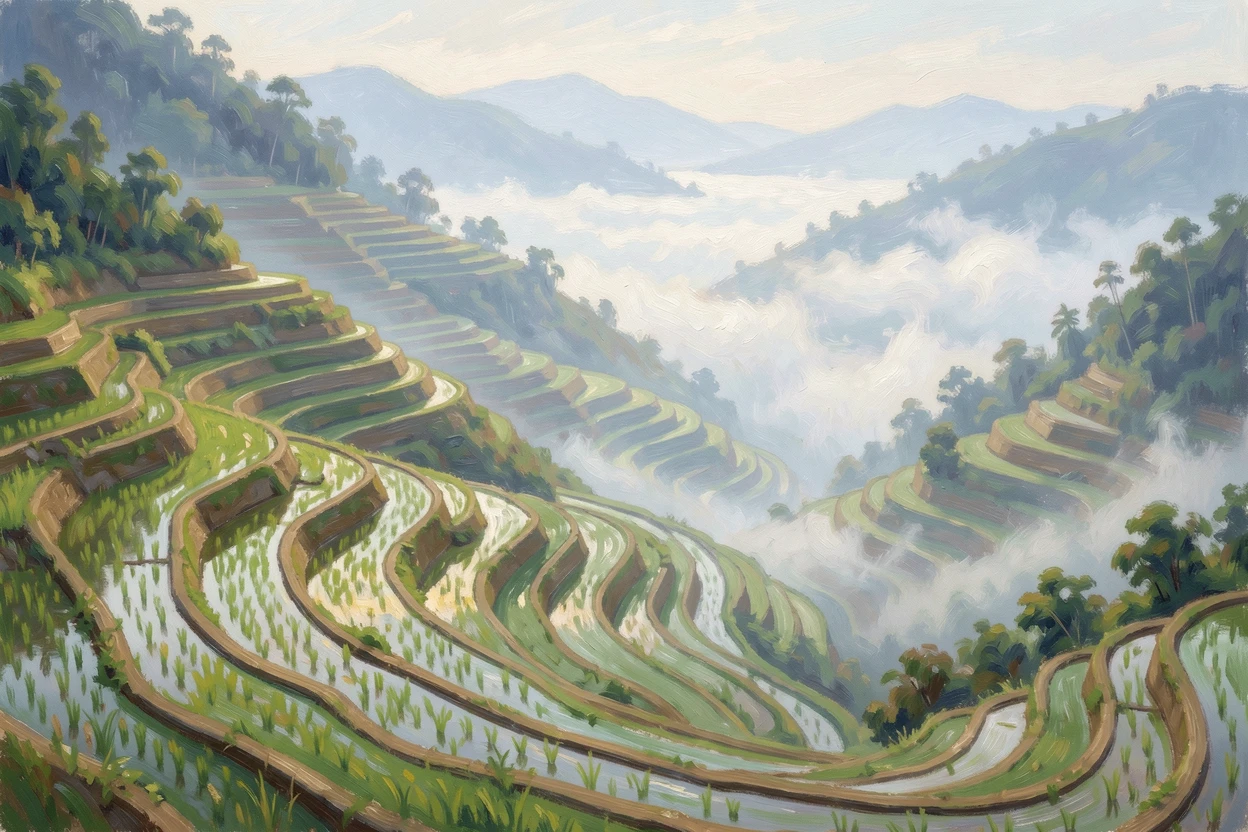 A tranquil rice terrace in the Philippines carved into steep hillsides, mist settling in the valleys below.