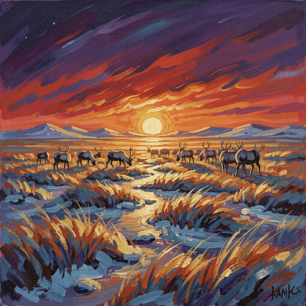 A wide open tundra under the midnight sun, caribou grazing in the distance.