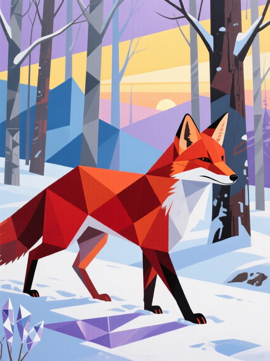 A red fox padding silently across a snow-covered forest at dawn.