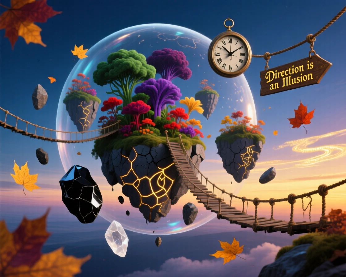 A cluster of floating islands connected by rope bridges rotates gently around an invisible axis, as loose stones and leaves hover motionless around it.