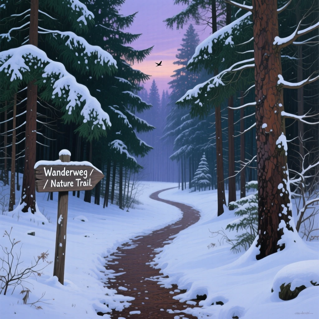 An enchanting forest path in Bavaria winds through towering fir trees dusted with fresh snow, a small wooden signpost marking the trail, soft twilight settling between the trunks, the whole scene holding a quiet, unhurried stillness broken only by distant natural sounds.