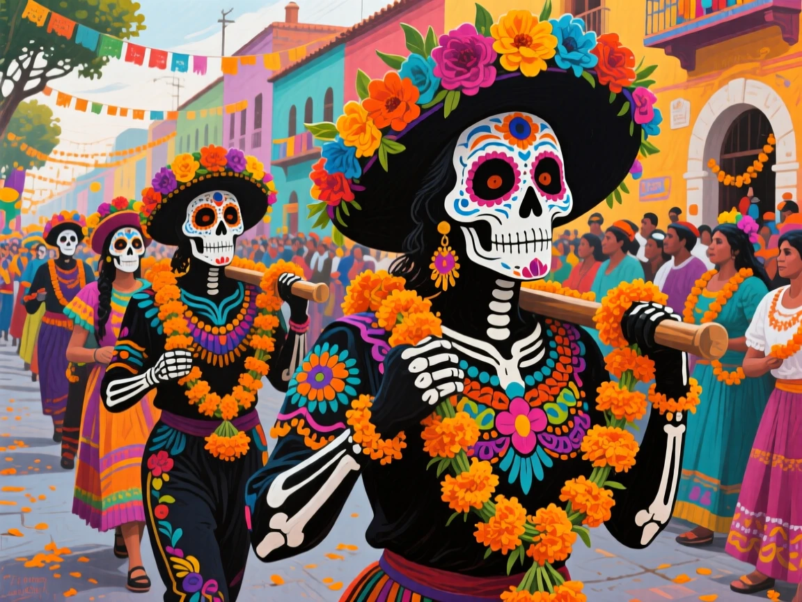 A Day of the Dead procession in Mexico, participants in ornate skull makeup carrying marigold garlands