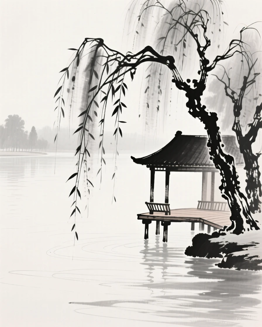a calm lagoon surrounded by weeping willows, with a wooden pavilion built out over the water on stilts.