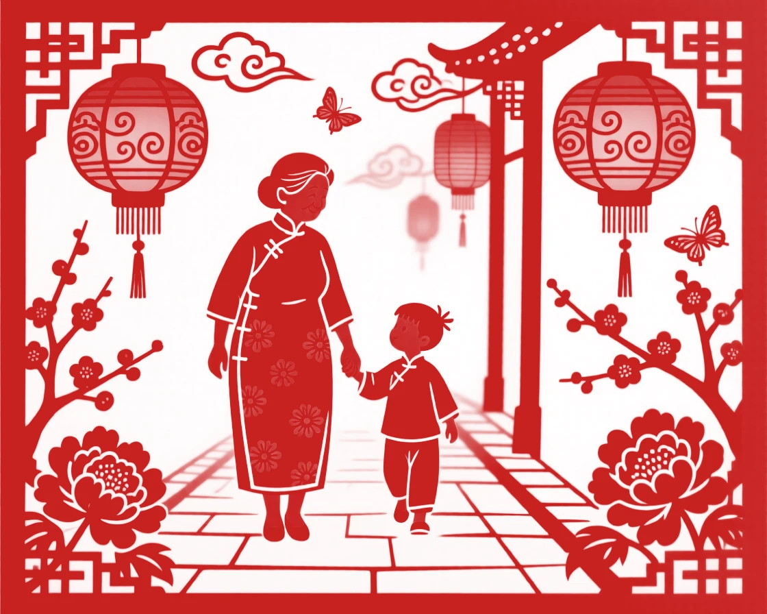 A grandmother and her grandson, walking home along a lantern-lit street, in a scene of quiet contentment and simple joy.