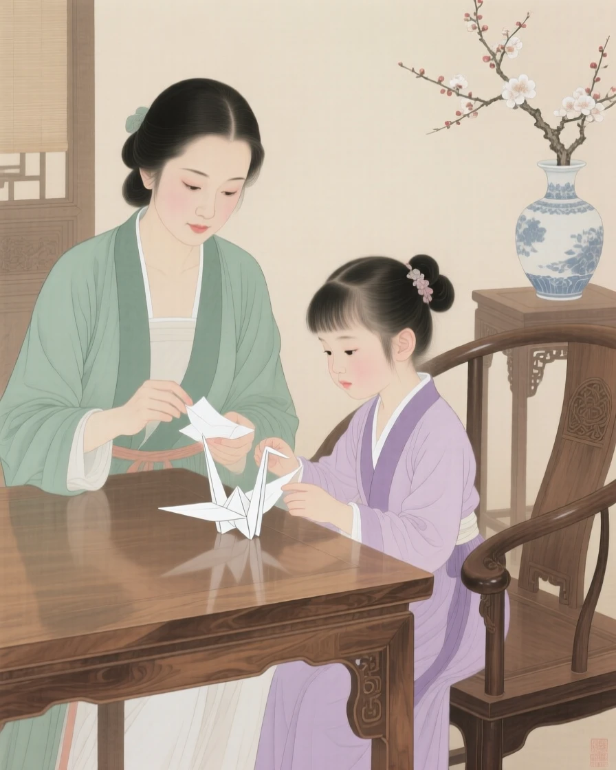 A mother teaching her daughter to fold an origami crane at a wooden table