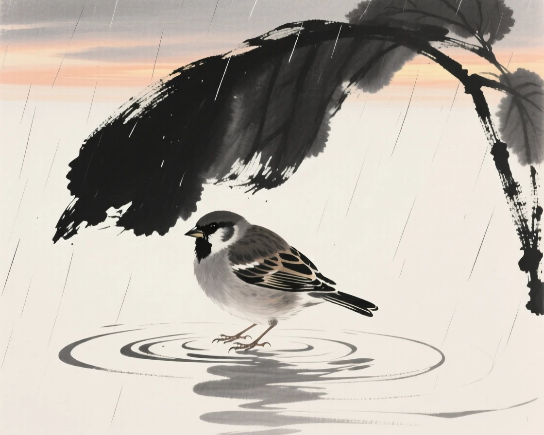 A small finch sheltering beneath broad leaves during rain over rippling water at dusk, silhouetted softly against the fading light, capturing a fleeting moment of natural beauty.