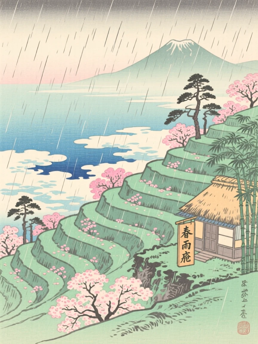 A terraced hillside, above a sea of clouds, during a gentle spring rain.