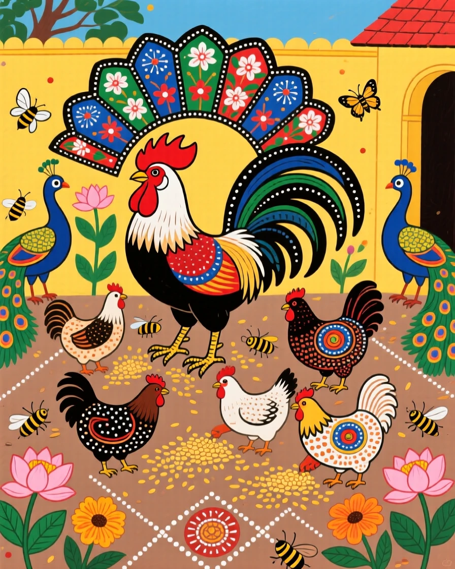 A rooster and hens pecking grain scattered across a courtyard floor.