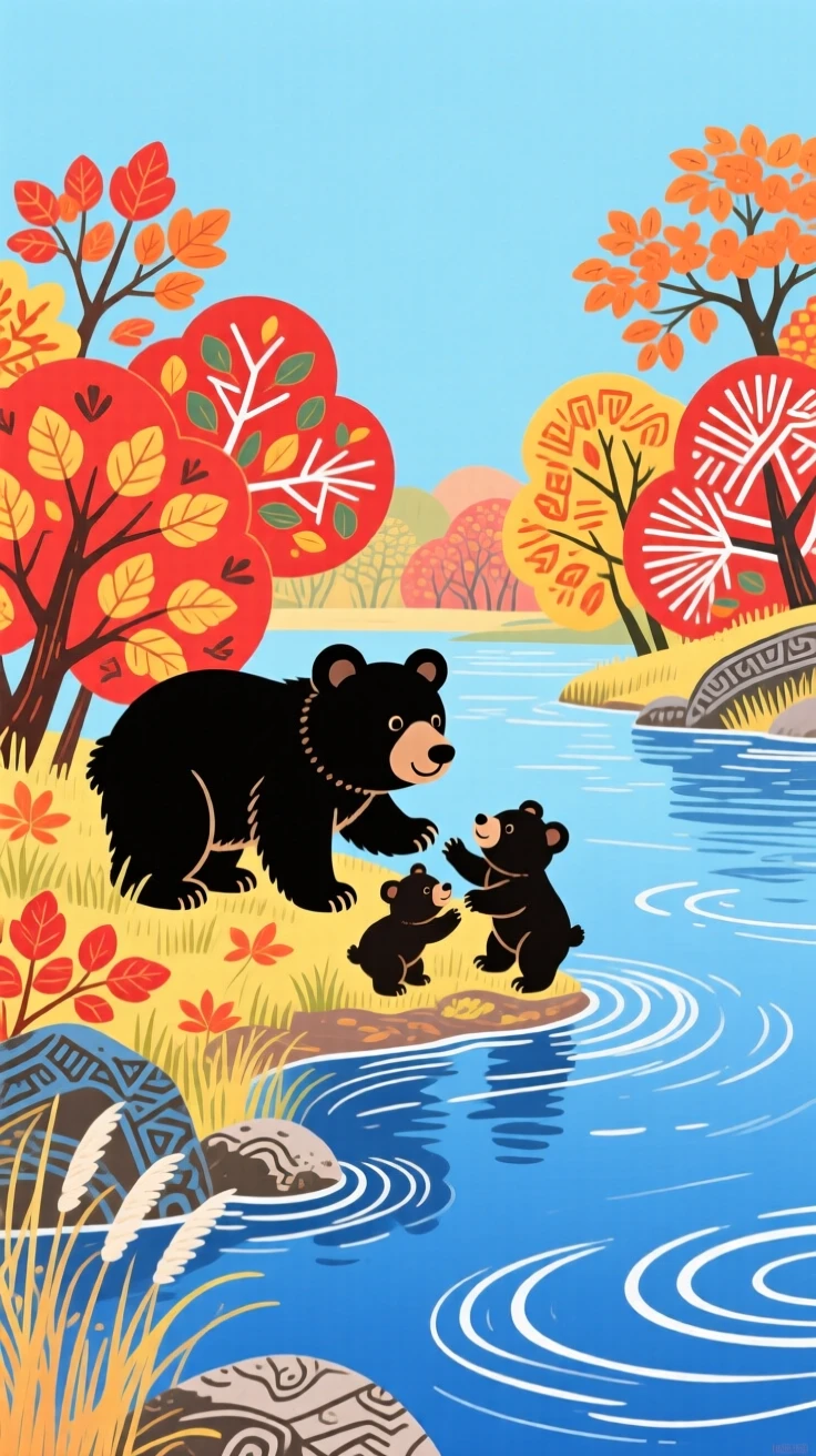 A black bear cub with its young along the bank of a quiet river, on a crisp autumn morning.