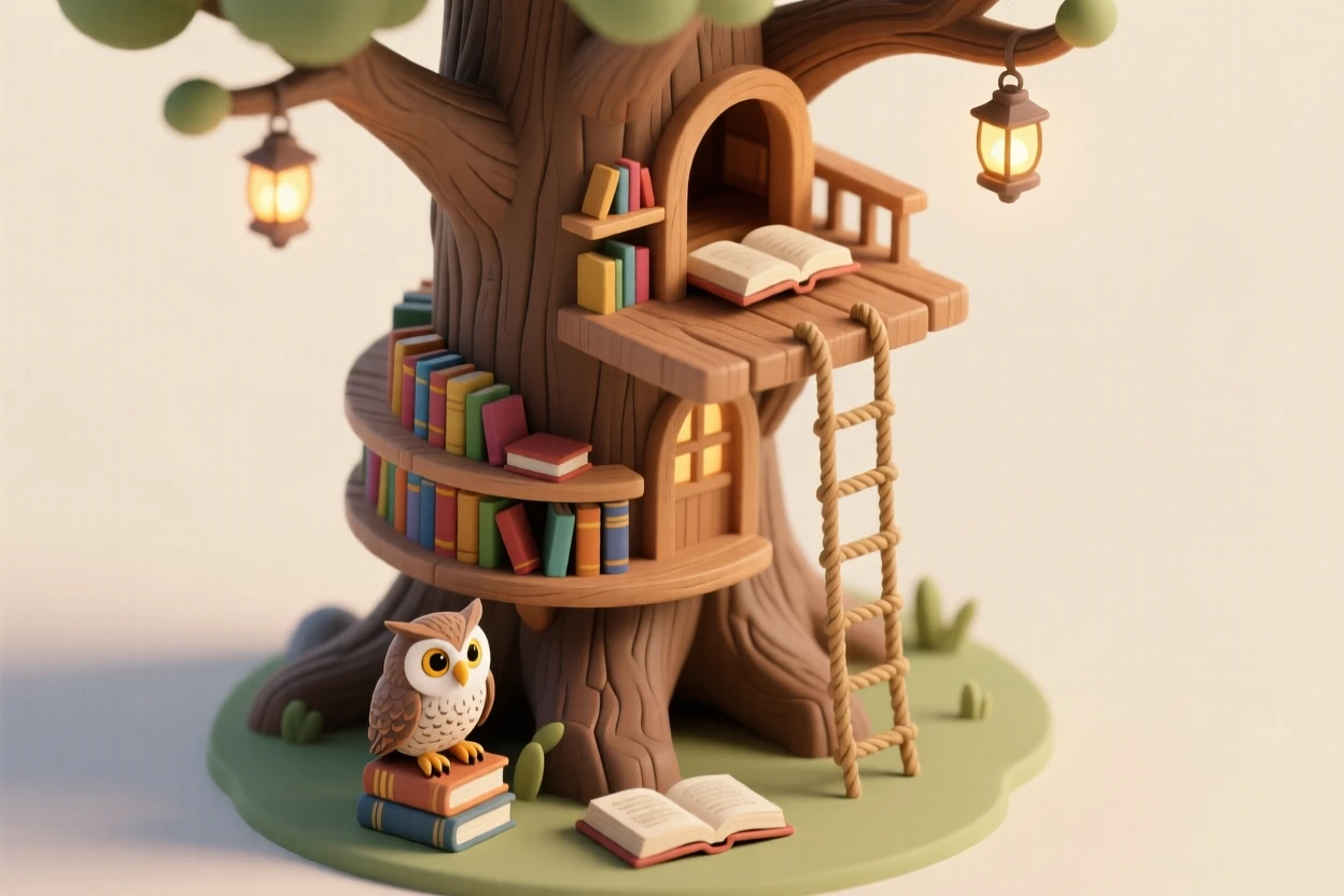 A treehouse bookshop with shelves spiraling around the trunk, a rope ladder leading to a reading loft, lanterns glowing warmly, and an owl perched on a stack of novels.