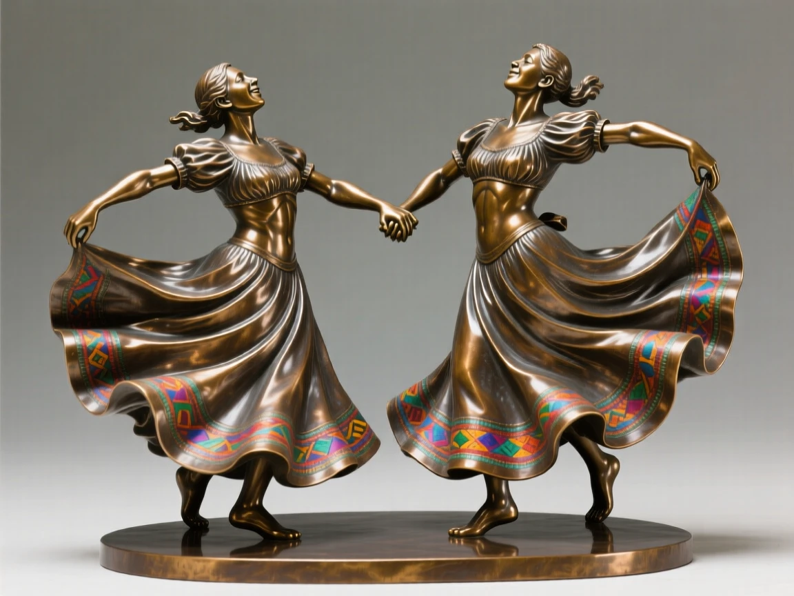 Dancers spinning in vibrant, flowing traditional skirts, radiating heartfelt emotion and connection, celebrating shared human joy