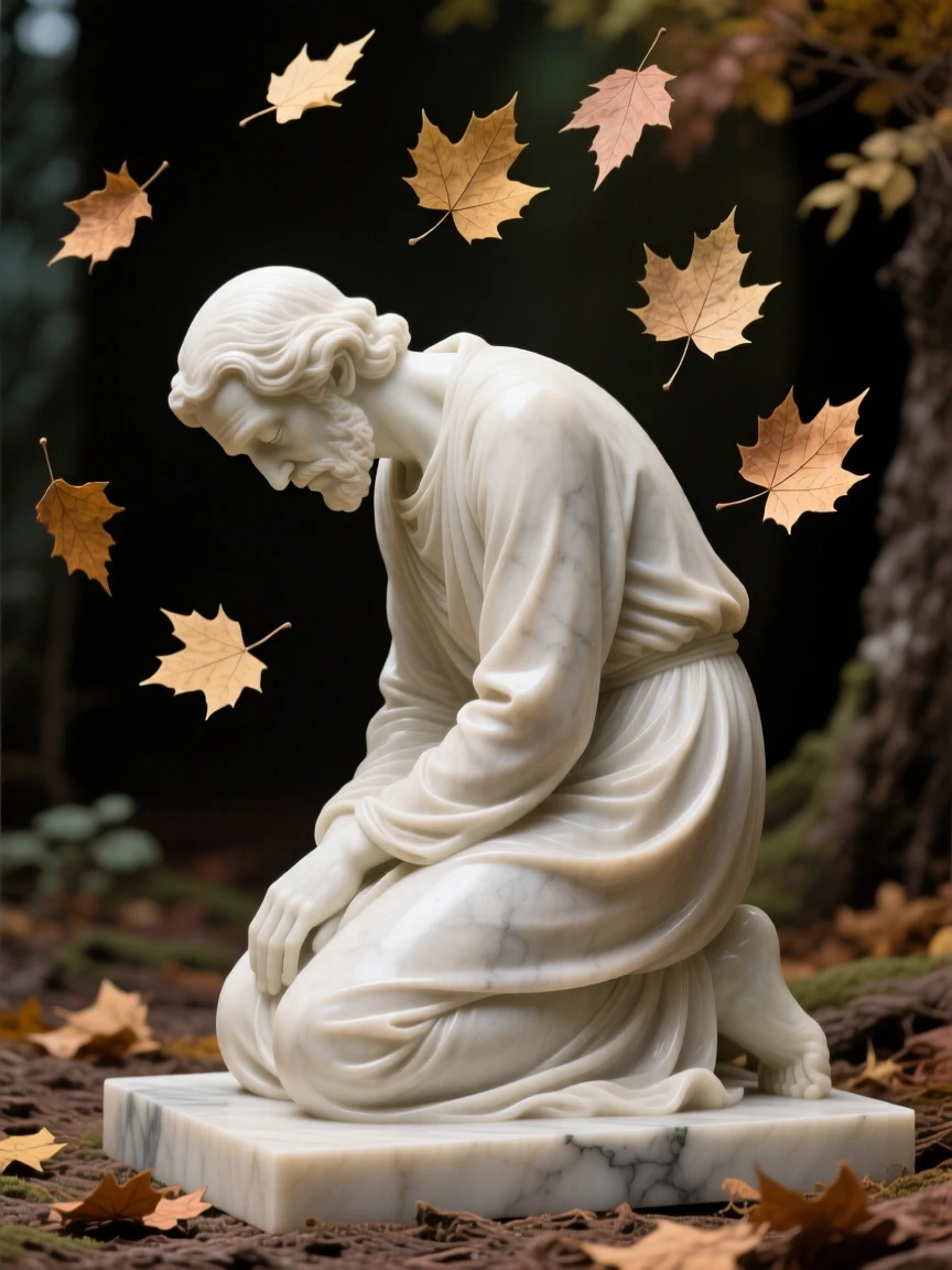 A tender portrait of a poet lost in thought, kneeling with head bowed in gratitude, surrounded by drifting autumn leaves, evoking warmth and humanity