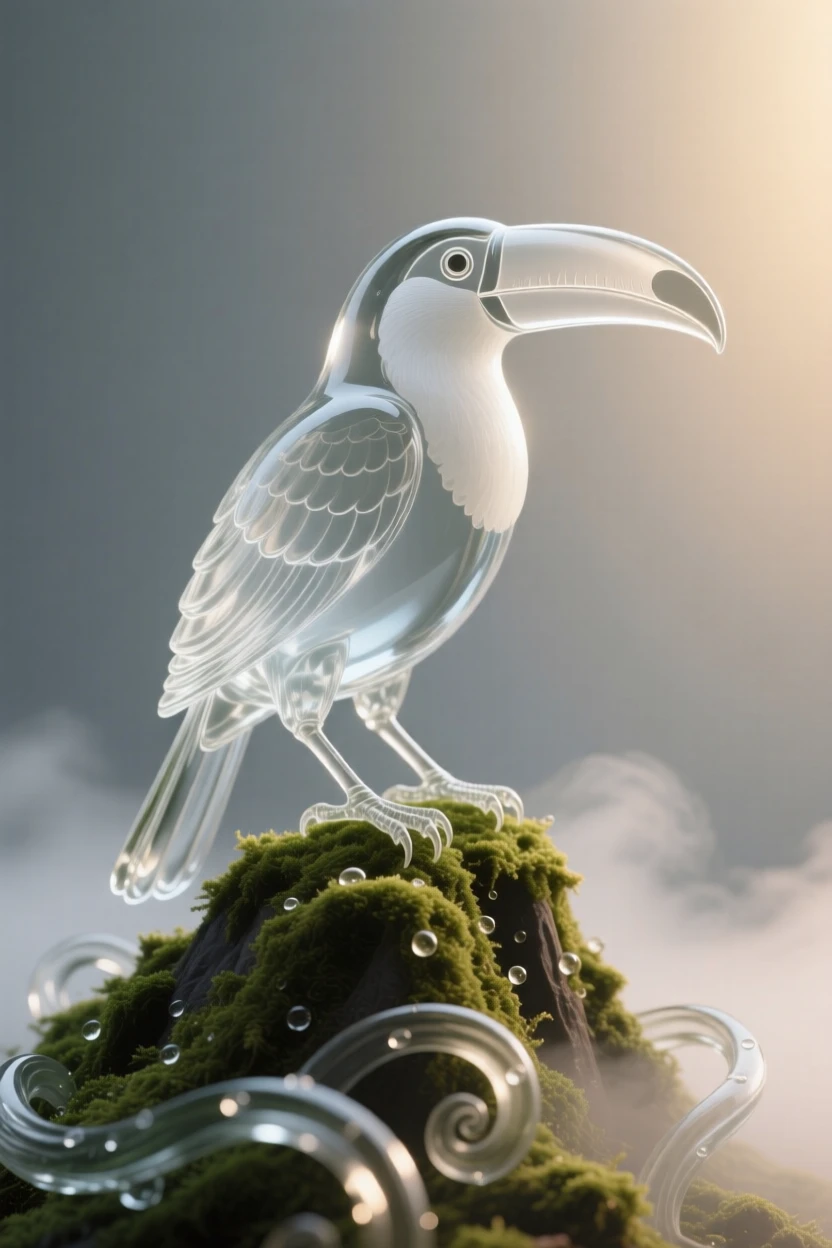 A toucan standing alert on a moss-covered ridge at first light, mist curling around its paws, the scene calm and quietly majestic.
