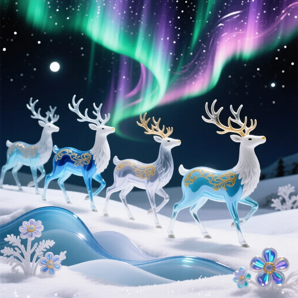 A herd of reindeer crossing a snowy tundra beneath the northern lights, magical and serene.