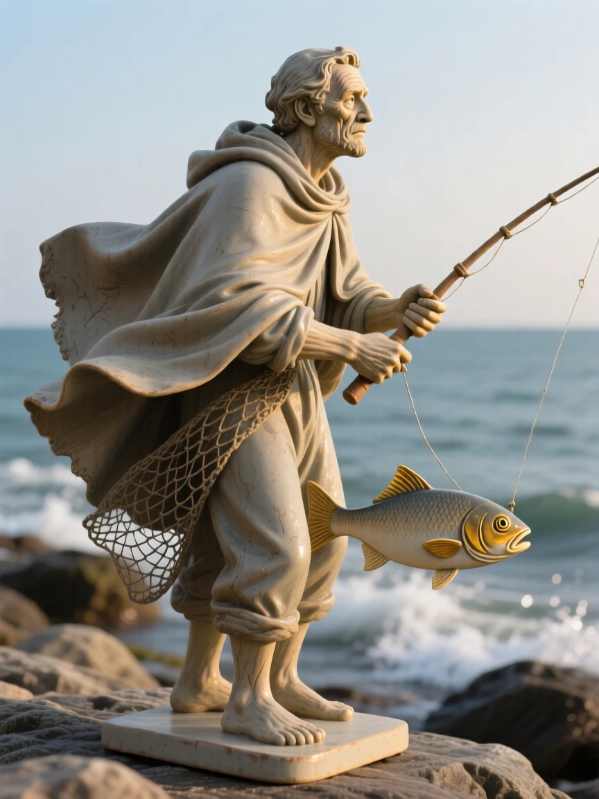 A fisherman gazing out toward the sea frozen mid-motion with fabric swirling around them, illuminated by a warm, golden glow, capturing a universal moment of human connection.