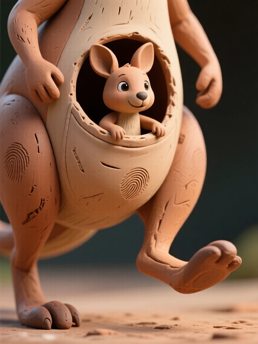 A baby kangaroo peeking out from its mother's pouch mid-hop