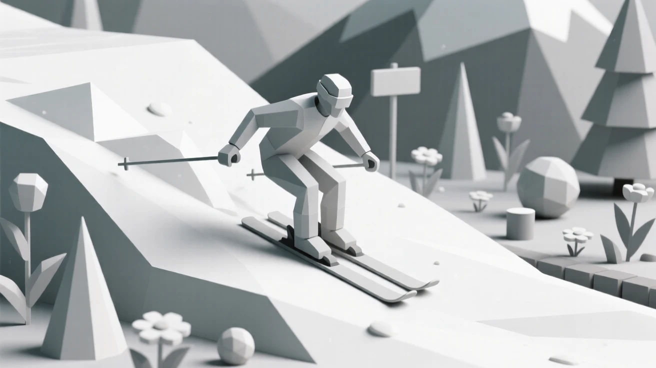 A skier carving down a powdery mountain slope, amid a quiet, colorful garden. fine details highlight skill and craftsmanship. The atmosphere feels peaceful and mindful.