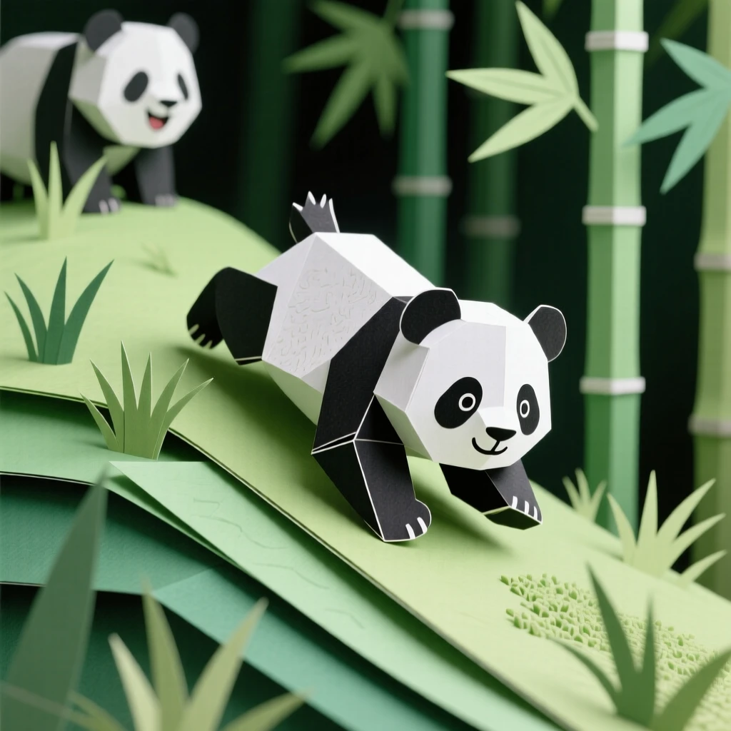 A young panda cub tumbling down a grassy hill in a bamboo forest, its mother watching with amusement nearby, capturing playful innocence.
