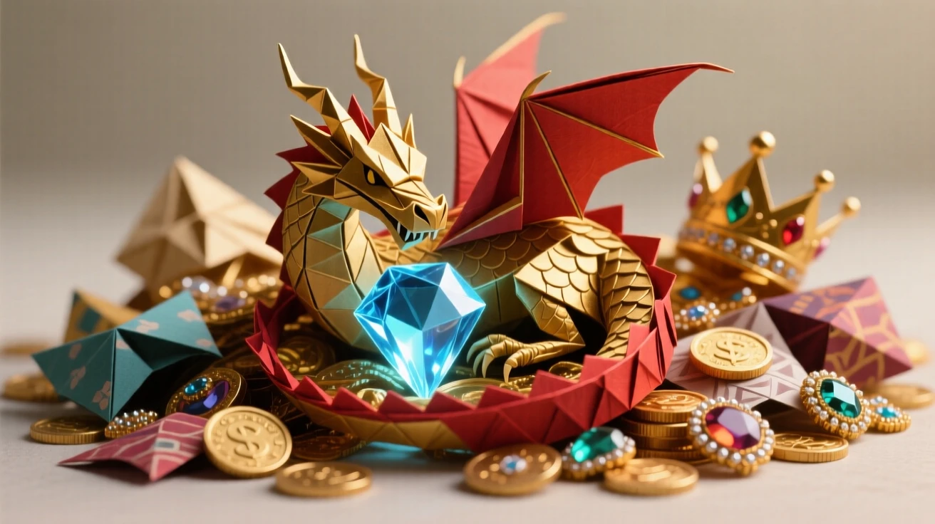 A small dragon curled protectively around a single glowing gem in a treasure hoard.