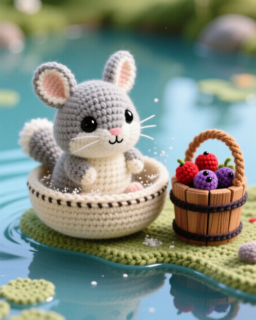 a tiny baby chinchilla rabbit mix with extra soft dense fur is shown dust-bathing happily in a shallow bowl within the edge of a calm, glassy pond, accompanied by a small wooden bucket half filled with berries, capturing gentle trust and quiet companionship.