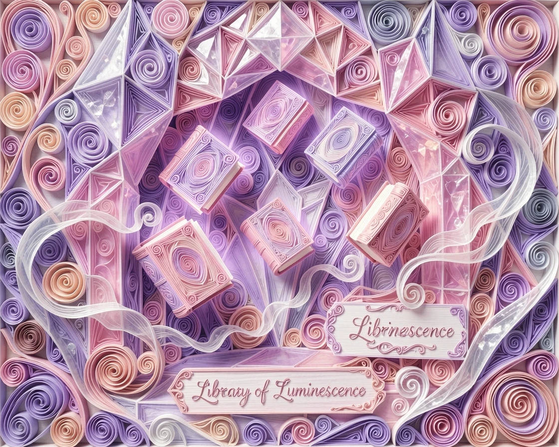 A magical fantasy scene of a magical library with floating glowing books within a crystal grotto glowing from within, in dreamy pastel tones of lavender and rose, composed with soft ethereal mist drifting through the scene.