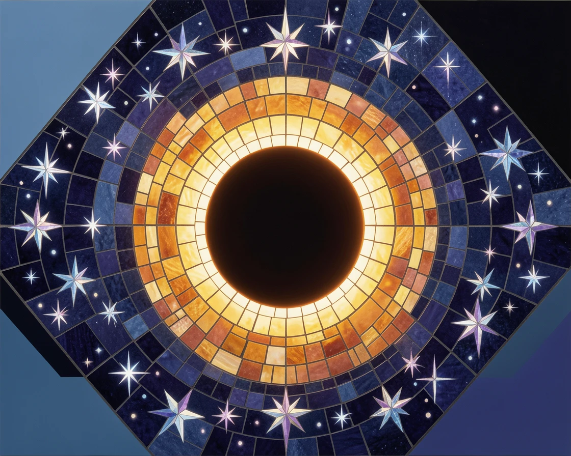 A breathtaking cosmic view of a dramatic solar eclipse with a glowing golden ring around darkness, with rich stars and glowing light.