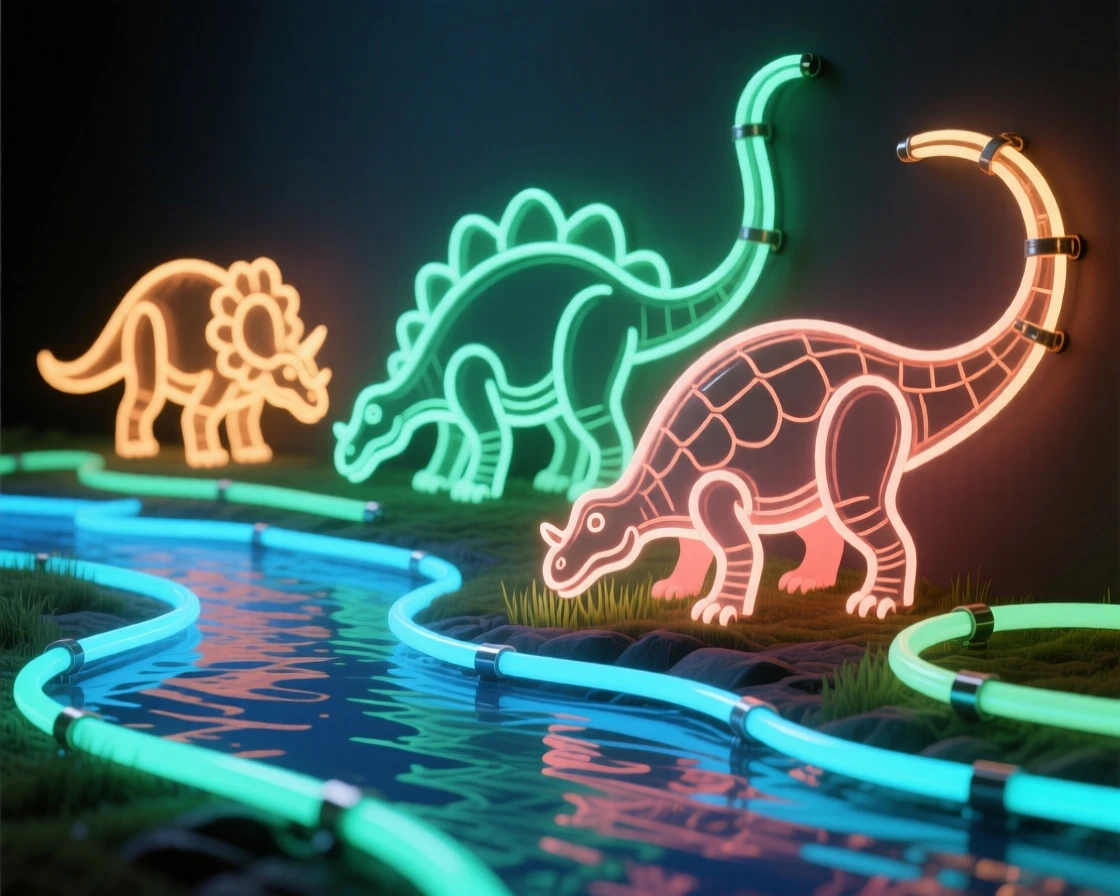A group of Ankylosaurus grazing beside a shallow river.