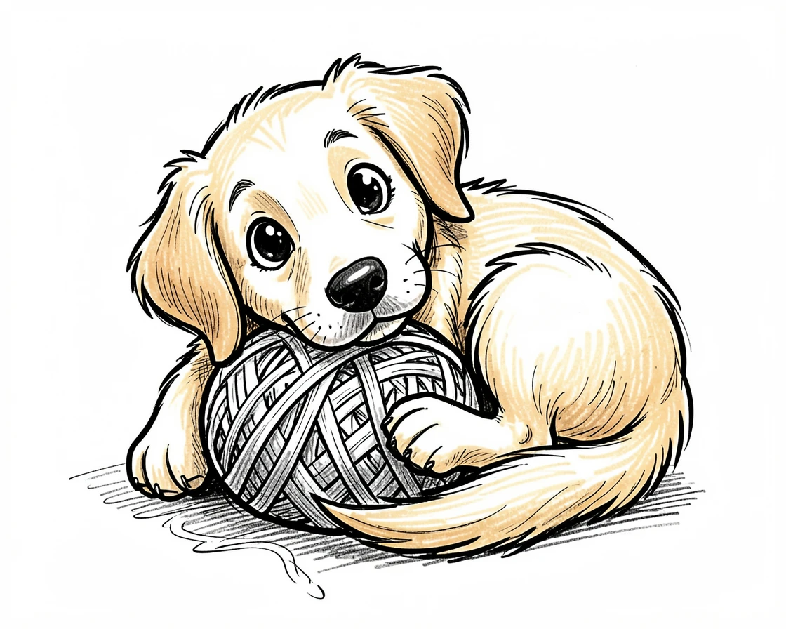 A golden retriever puppy curled around a ball of yarn.