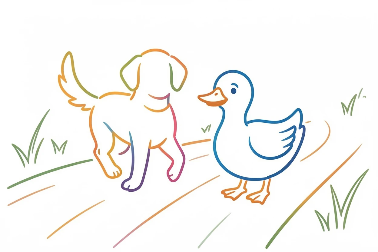A dog and a duck walking side by side along a dirt farm path.