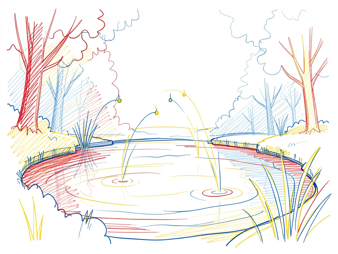 A quiet forest pond at twilight, fireflies rising above still water