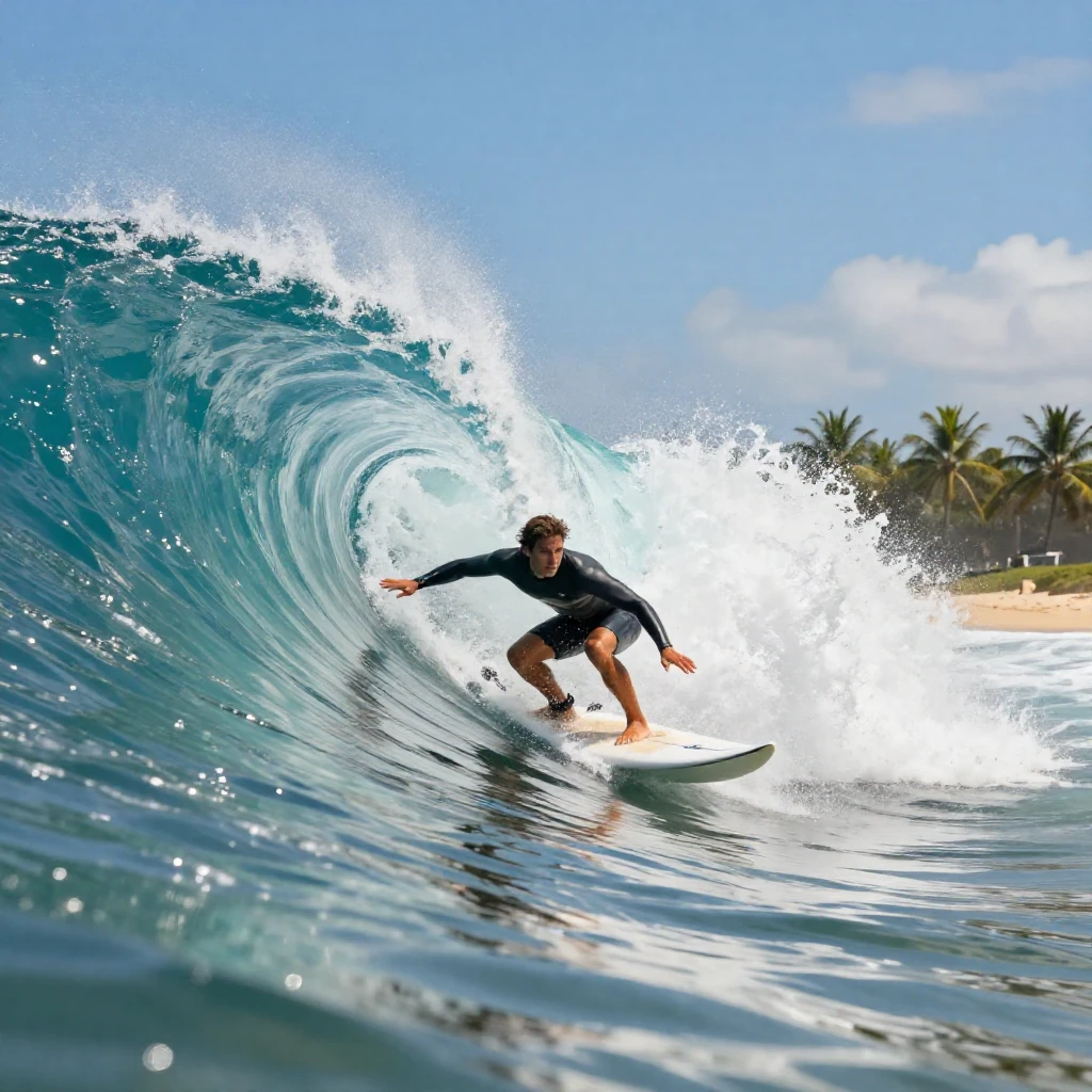 A surfer riding a massive turquoise wave