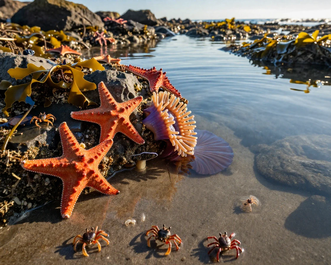 A tide pool teeming with starfish, anemones, and tiny crabs at low tide