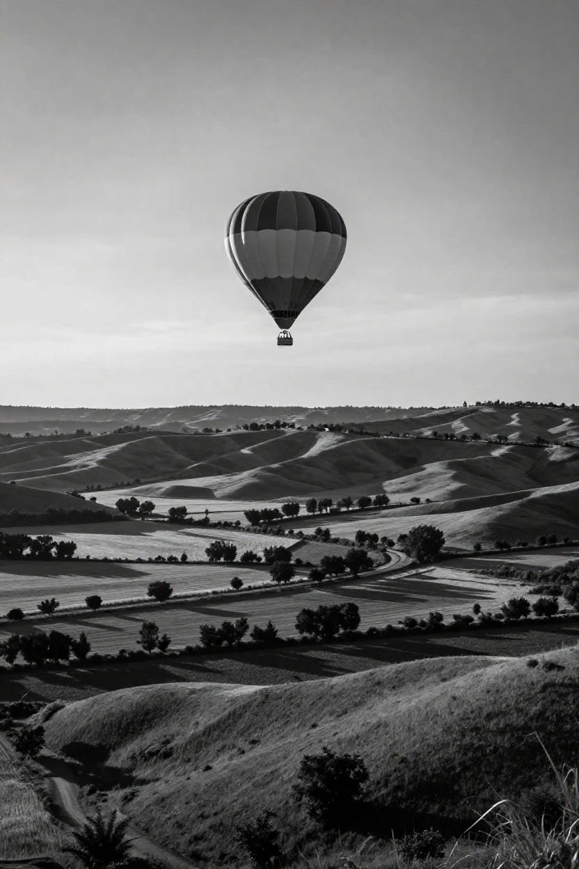 A hot air balloon drifts silently above rolling hills above a quiet countryside valley.