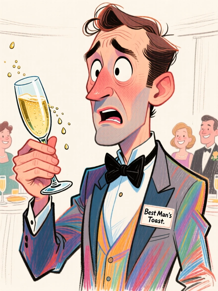 A nervous best man giving a wobbly toast, champagne glass shaking in his hand.
