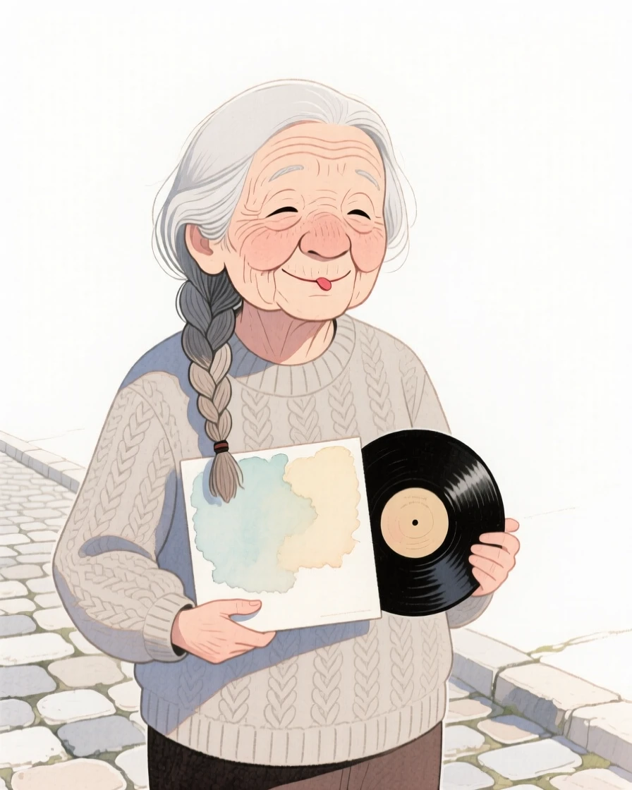 An elderly woman with a single thick braid over one shoulder, biting her lip shyly, wearing a chunky knit sweater and holding a vinyl record, on a quiet cobblestone street