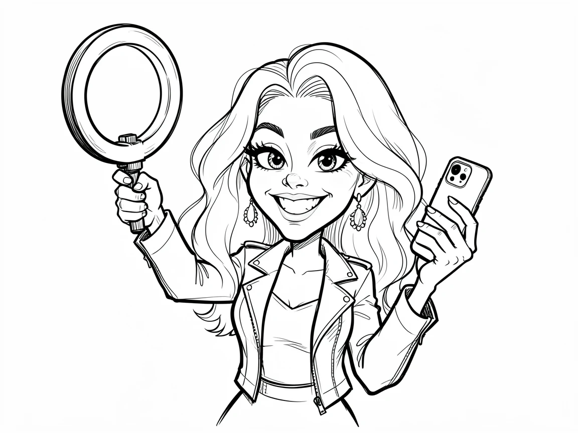 [People Portraits & Characters] Portrait of a stylish influencer posing with a ring light and phone camera, full of personality and charm