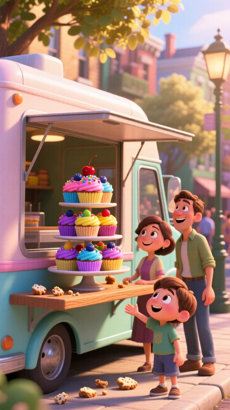 A tiered display of colorful cupcakes sits at a food truck window on a lively street, with a few crumbs scattered artfully around. A comforting, homey feeling fills the moment.
