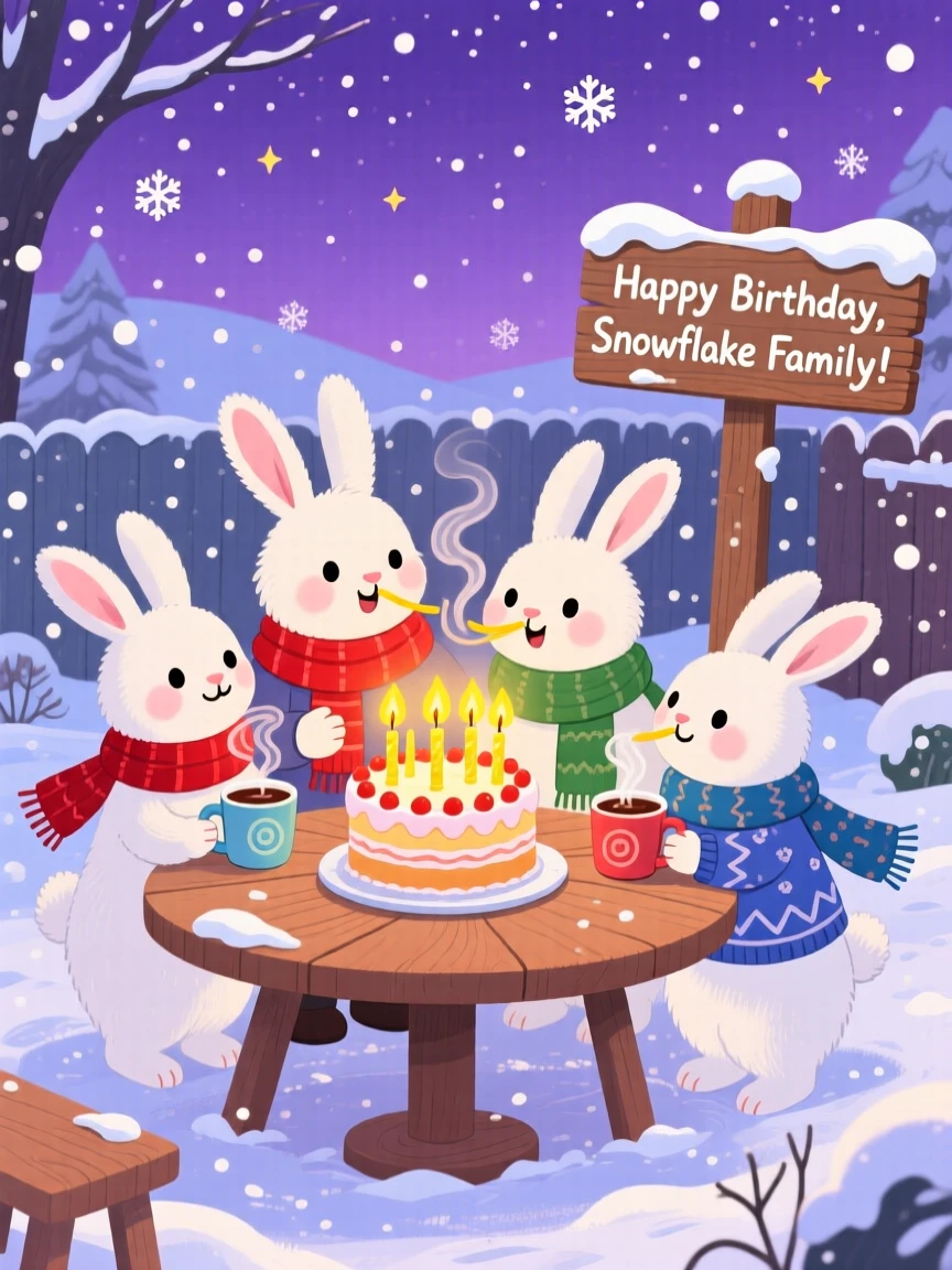 A family of snow rabbits gather in a frosty backyard, making a wish while blowing out birthday candles, while warm cocoa steams in every hand.