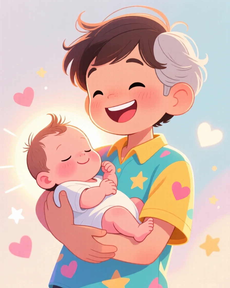 A newborn baby sleeping in the arms of a proud older sibling.
