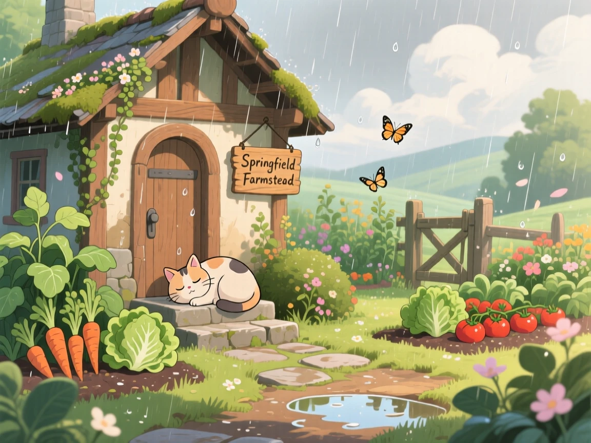 A farmhouse surrounded by neatly kept vegetable gardens, with a cat dozing on a warm doorstep, during a light spring shower.