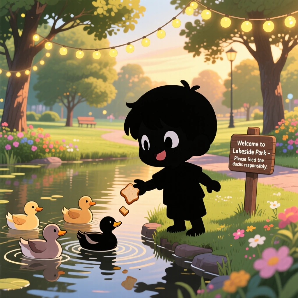 Silhouette composition of a small child, feeding ducks at a park pond, in a peaceful lakeside park, during a light summer breeze, illuminated by glowing string lights, radiating bubbly enthusiasm.